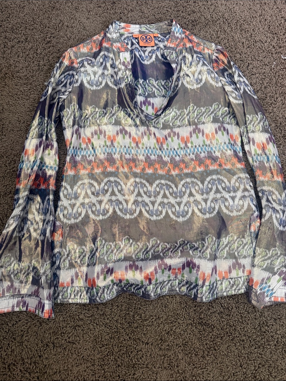 Tory Burch Multicolor Sheer V-Neck Long-Sleeve Top